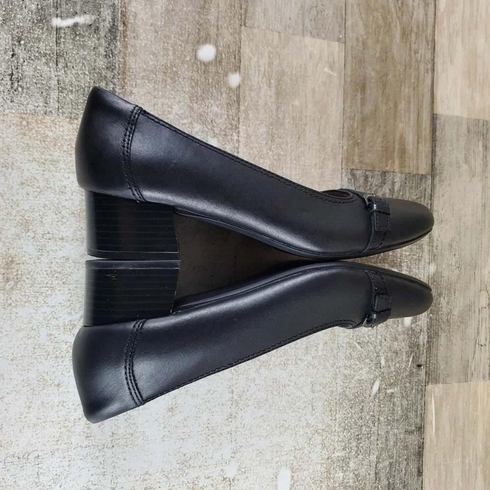 Clarks Marilyn Nora Womens Pump Sz 7 Black Leather Slip On Square Toe Block Heel